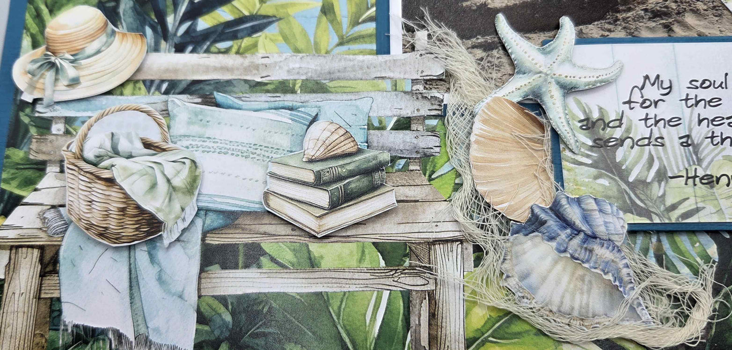 Close-up of Beachside Life scrapbook layout detail with shells, starfish, fishing net and beach quote