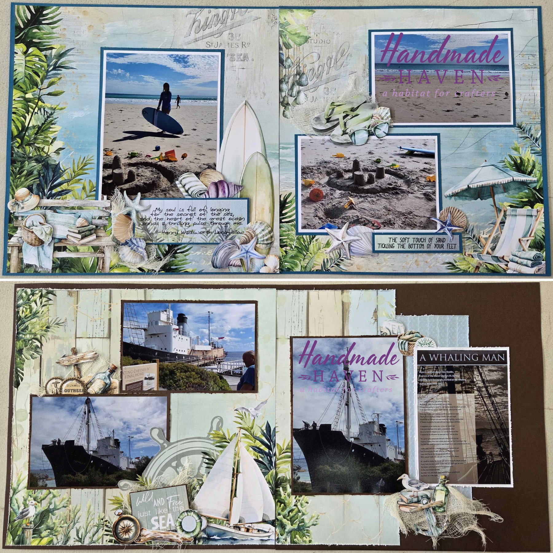 Completed Beachside Life scrapbook double page layouts featuring beach and nautical photos with coastal embellishments created by Julie Hill for Handmade Haven. 