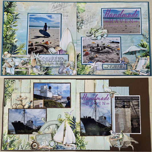 Completed Beachside Life scrapbook double page layouts featuring beach and nautical photos with coastal embellishments created by Julie Hill for Handmade Haven. 