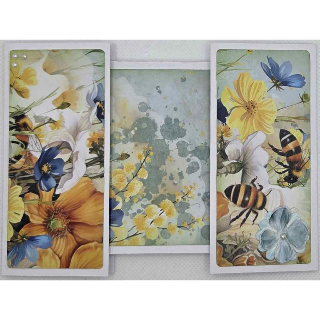 Honey Fields Dumbbell card featuring bees and wildflower prints on a soft blue background