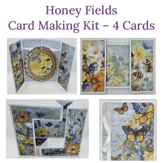 Honey Fields Card Making Kit by Handmade Haven showing four completed cards including a pop-out oval frame card, slimline cards, dumbbell fold card, and double Z-fold card with floral butterfly designs