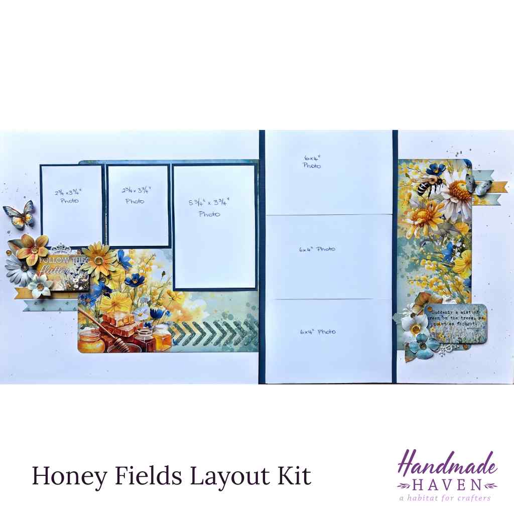 Honey Fields double-page scrapbook layout kit showing photo placement for six photos, with floral and bee embellishments by Handmade Haven