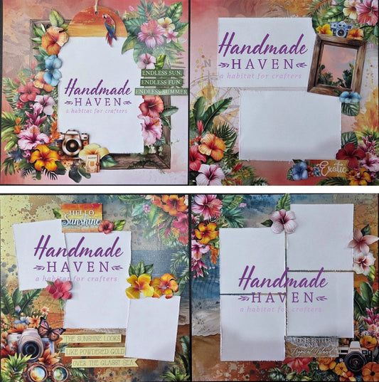Four completed 12x12 scrapbook pages from the Tropical Excursion double layout kit showing two double page layouts with hibiscus florals, vintage cameras, wooden frames and tropical sentiments