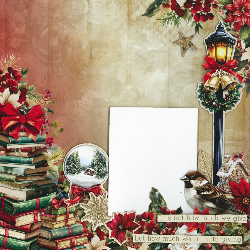 Holly Jolly scrapbook layout sample with one photo space, stacked books, snow globe, bird and wreath-lit lamppost
