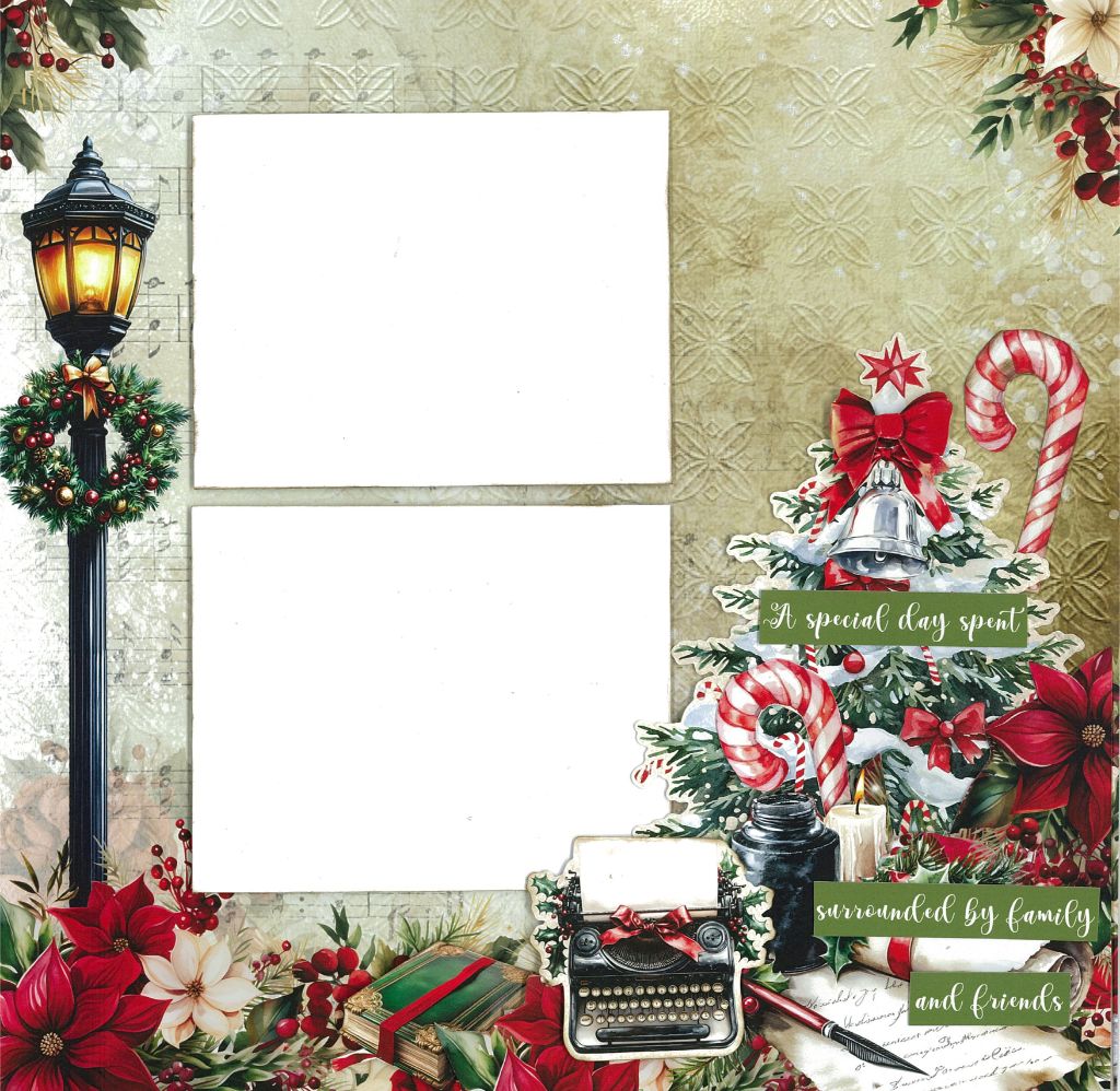 Holly Jolly scrapbook layout sample with two photo spaces, wreath-lit lamppost, candy canes, typewriter and Christmas flowers