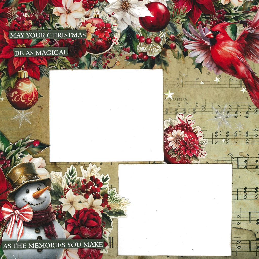 Holly Jolly scrapbook layout sample with two photo spaces, red bird, snowman, sheet music and Christmas ornaments