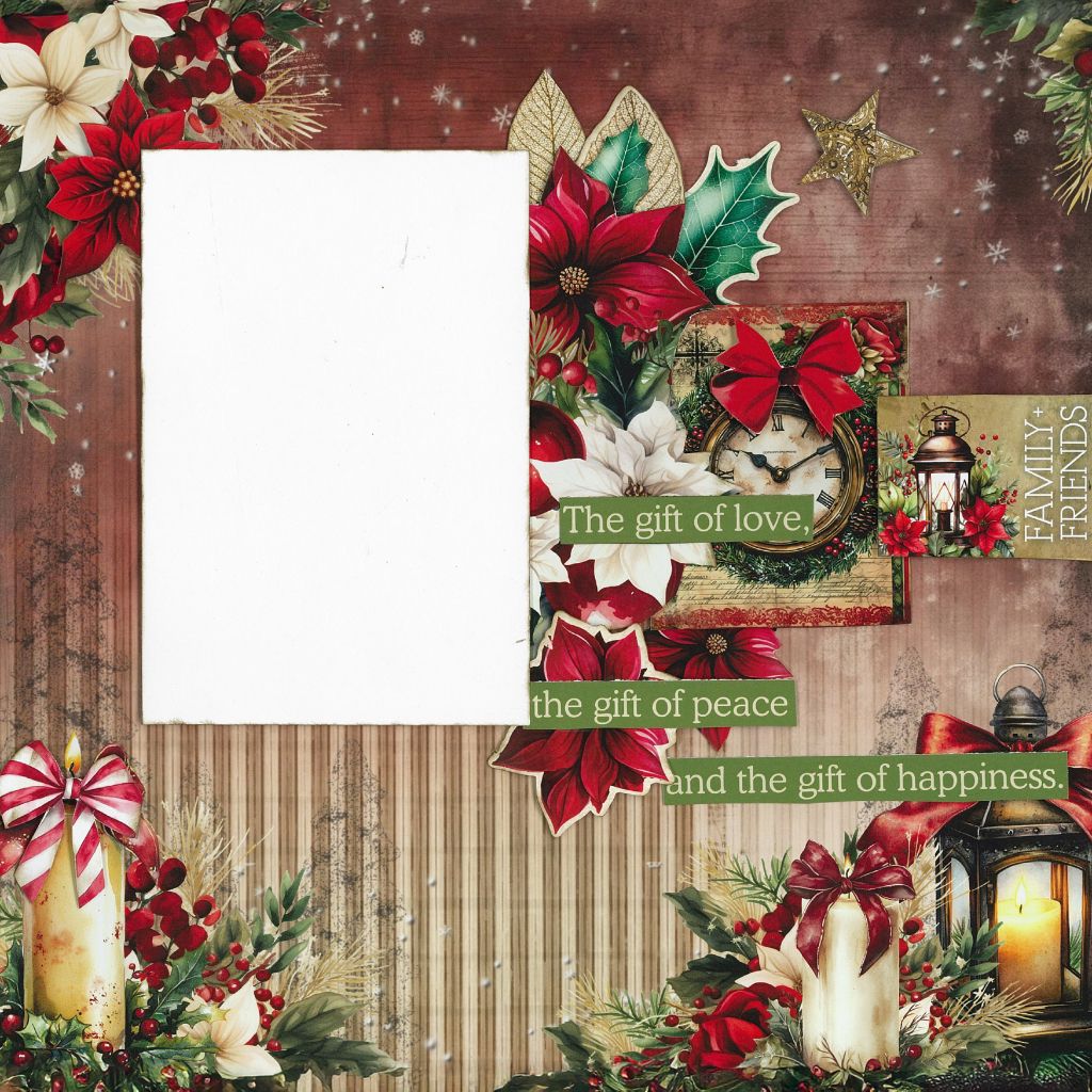 Holly Jolly scrapbook layout sample with one photo space, poinsettias, clock, candles and the gift of love quote