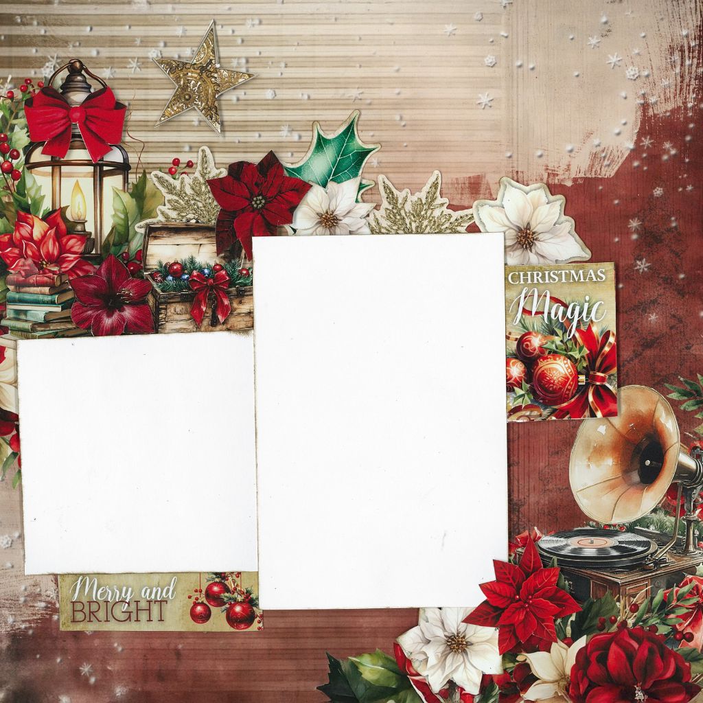 Holly Jolly scrapbook layout sample with two photo spaces, gramophone, lantern, poinsettias and Christmas Magic card