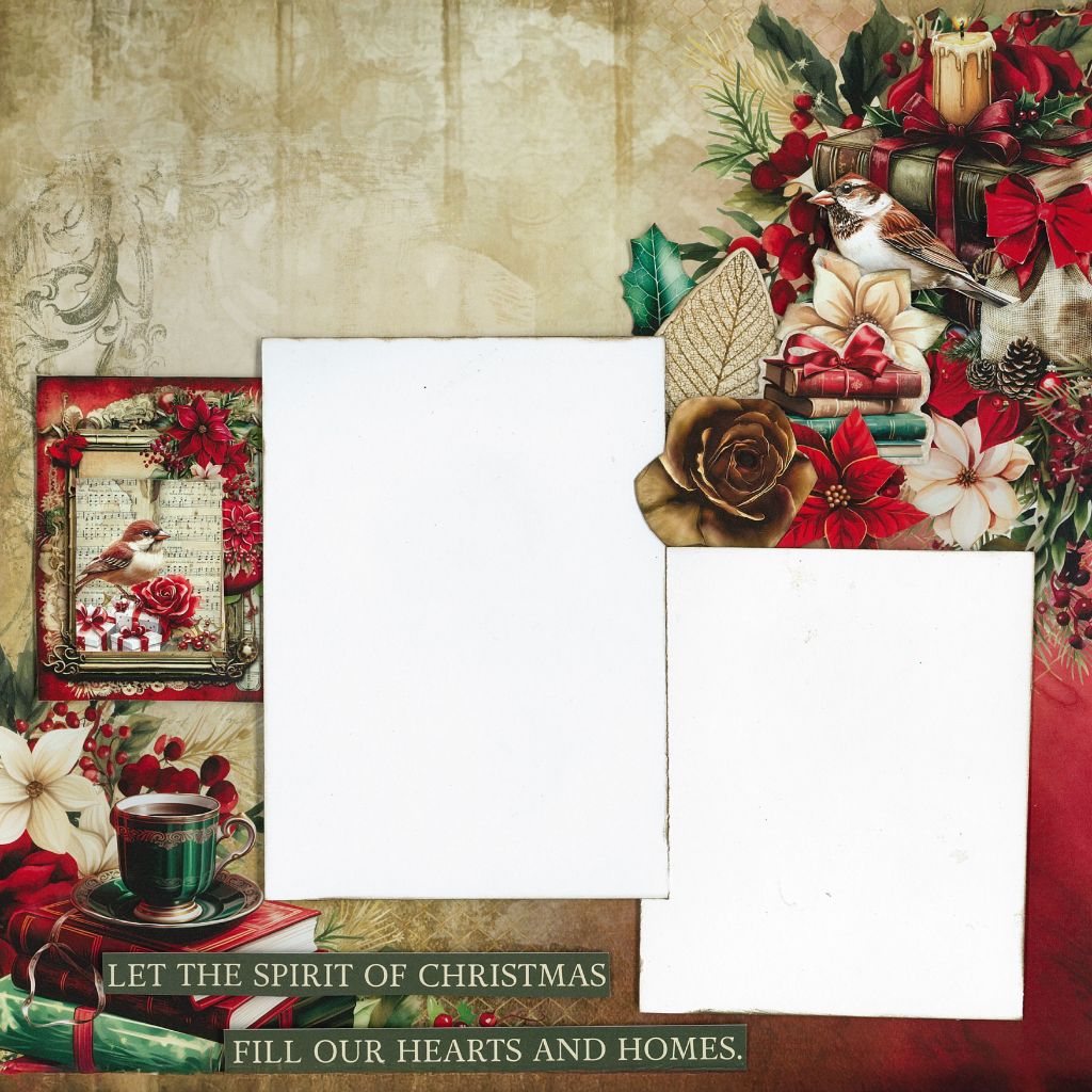 Holly Jolly scrapbook layout sample with two photo spaces, bird, wrapped books, teacup and Christmas spirit quote