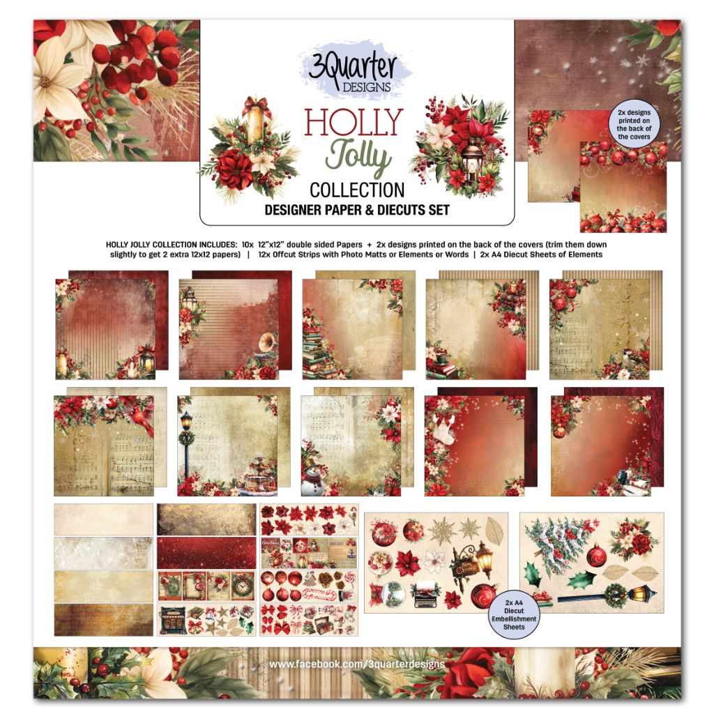 Holly Jolly 12x12 scrapbook kit front cover showing Christmas paper designs, cut-out strips and die-cut embellishments