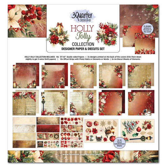 Holly Jolly 12x12 scrapbook kit front cover showing Christmas paper designs, cut-out strips and die-cut embellishments