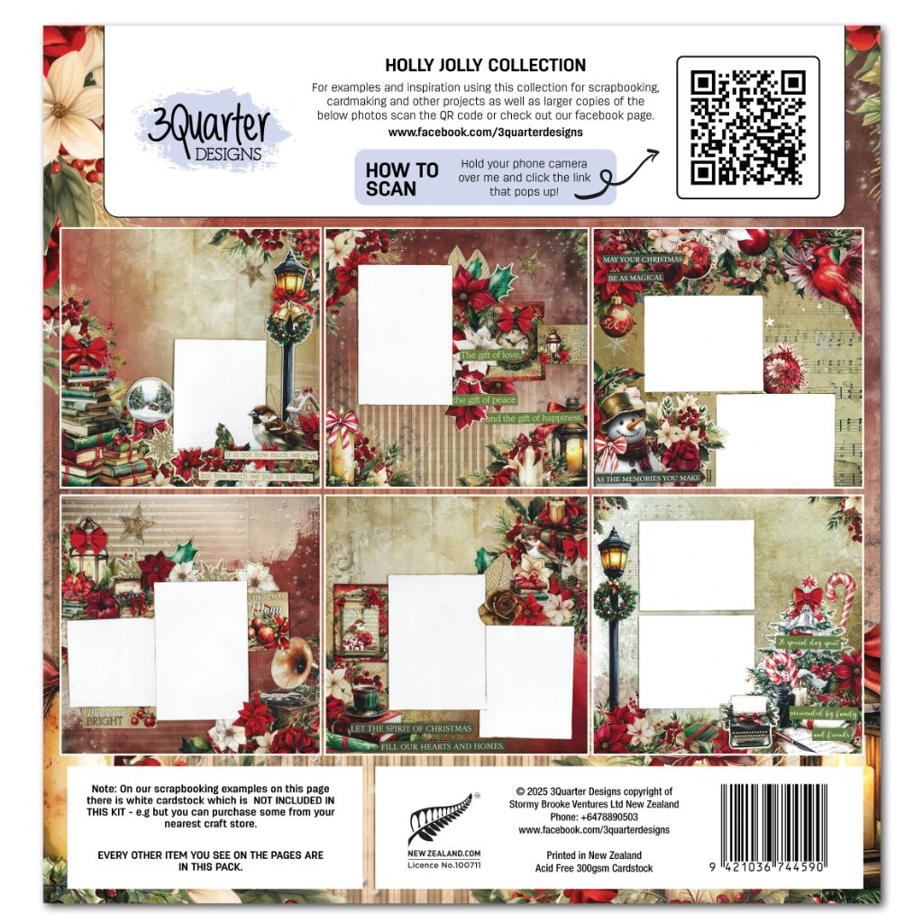 Holly Jolly scrapbook kit back cover showing six sample scrapbook layouts. 