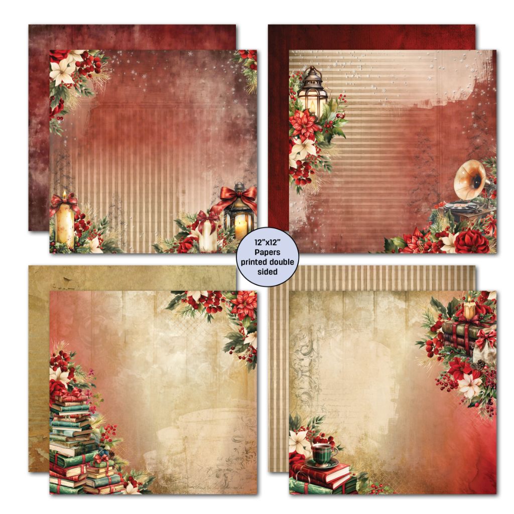 Holly Jolly double-sided 12x12 Christmas papers with lanterns, poinsettias, books and a gramophone
