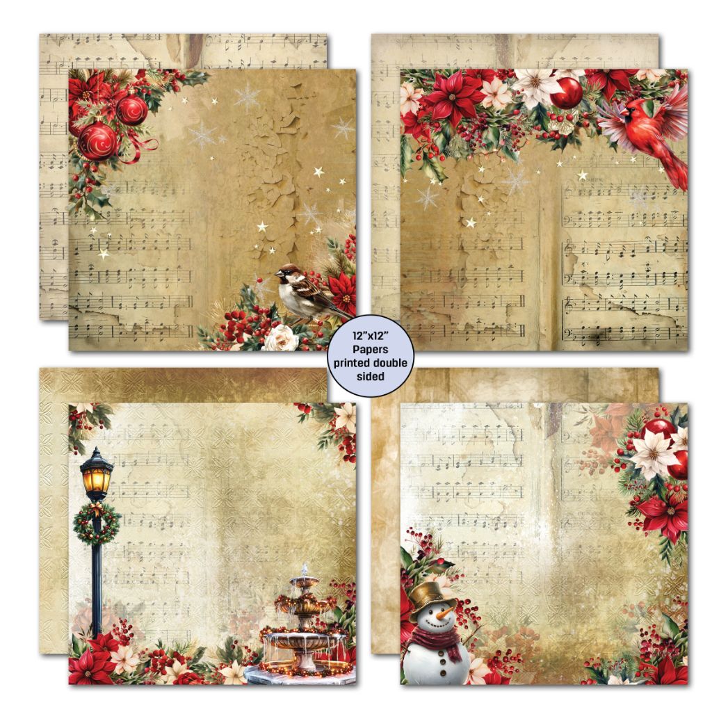 Holly Jolly double-sided 12x12 Christmas papers with sheet music, birds, lantern, fountain and snowman