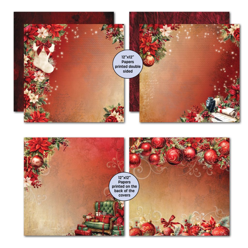 Holly Jolly Christmas papers with stockings, ornaments, poinsettias and two designs printed on the backs of the covers