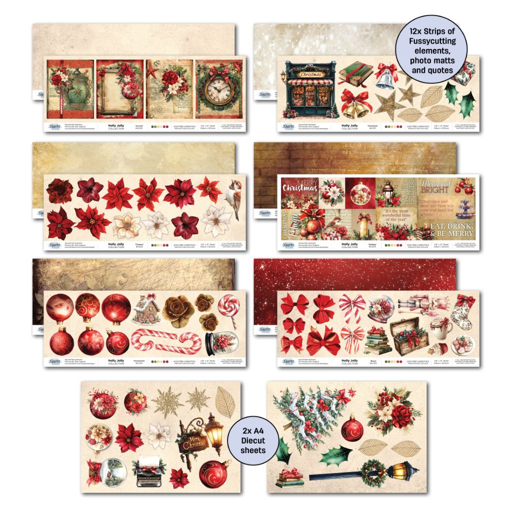 Holly Jolly Christmas scrapbook kit cut-out strips with photo mats, poinsettias, ornaments, bows, quotes and festive motifs