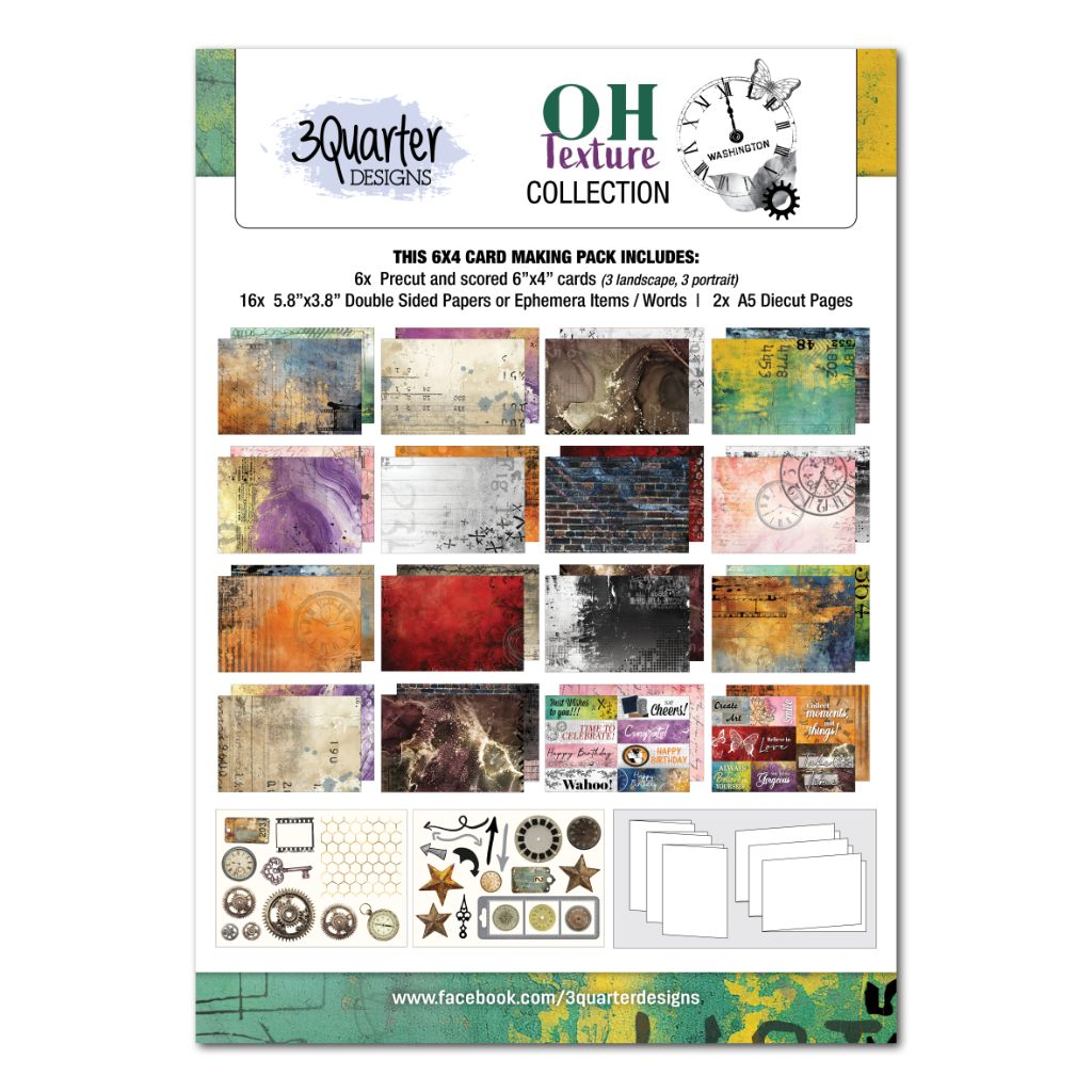 Front of Oh Texture 6x4 card making kit showing colourful abstract papers, die-cut sheets and six card bases