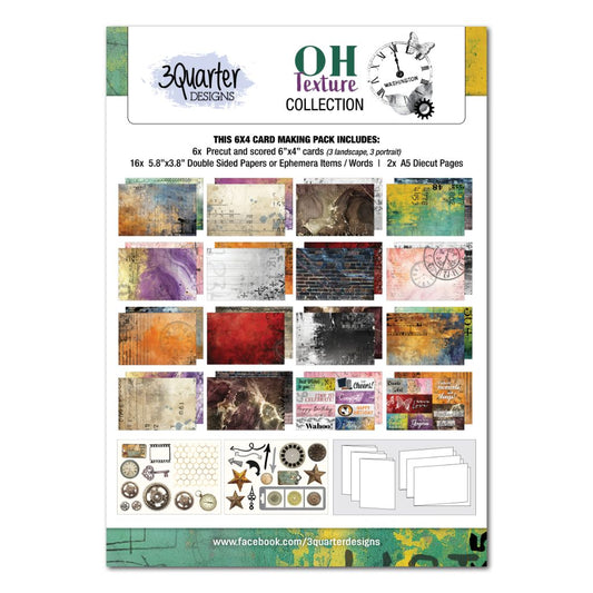Front of Oh Texture 6x4 card making kit showing colourful abstract papers, die-cut sheets and six card bases