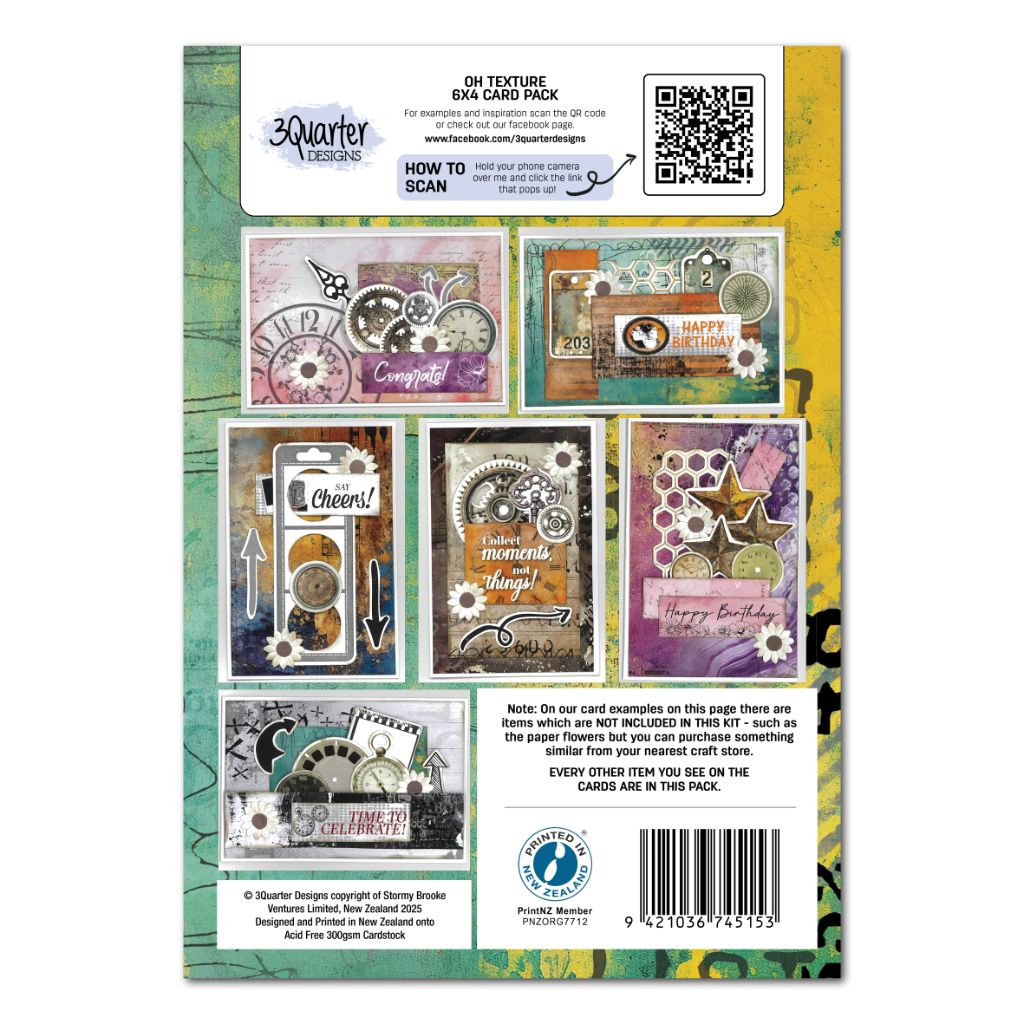Back of Oh Texture card making kit showing six sample cards and pack details