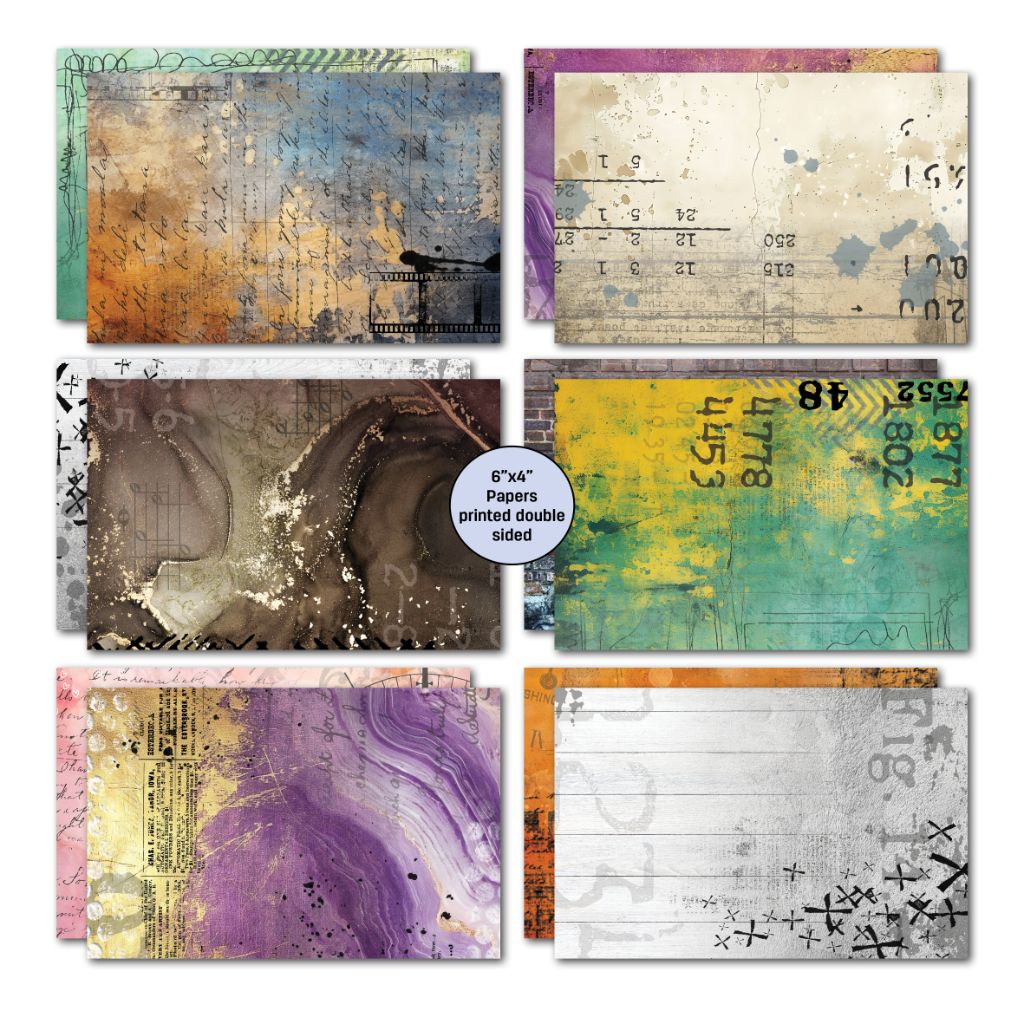 Oh Texture double-sided card papers with teal and ochre script, ledger marks, marbled purple and white ruled patterns