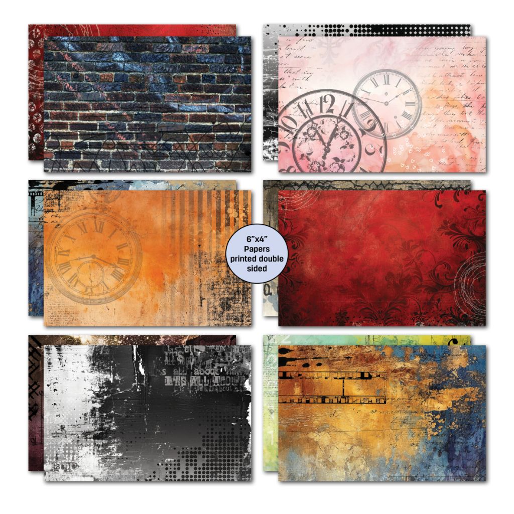 Oh Texture double-sided papers with dark brick, pink clocks, orange texture, deep red and black-and-white designs