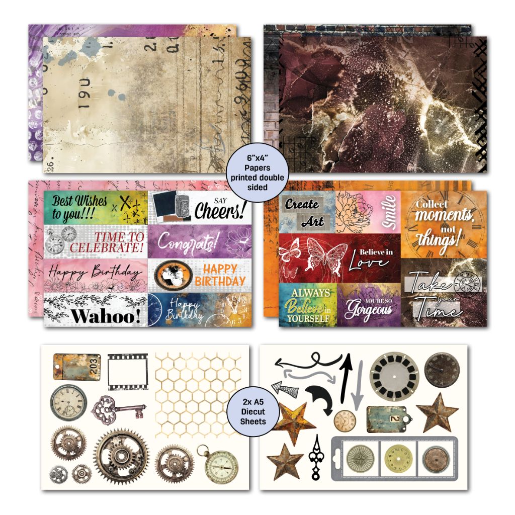 Oh Texture papers with abstract textures, colourful sentiment strips, clocks, gears and two A5 die-cut sheets