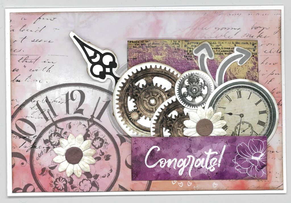 Oh Texture Congrats card with pink script background, clocks, gears, arrows and white paper flowers
