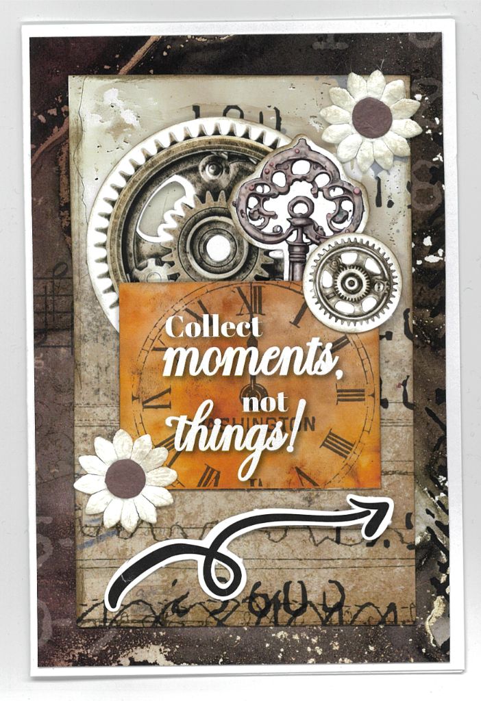 Oh Texture Collect moments not things card with gears, ornate key, arrow and white paper flowers