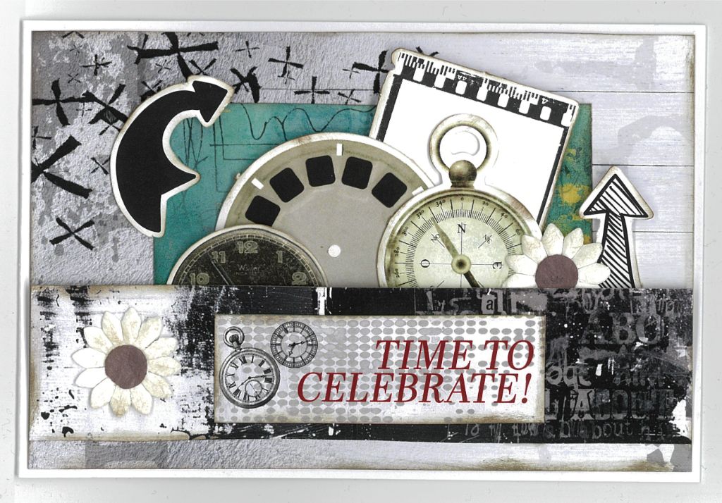 Oh Texture Time to Celebrate card with grey distressed papers, compass, circular frames, arrows and white paper flowers