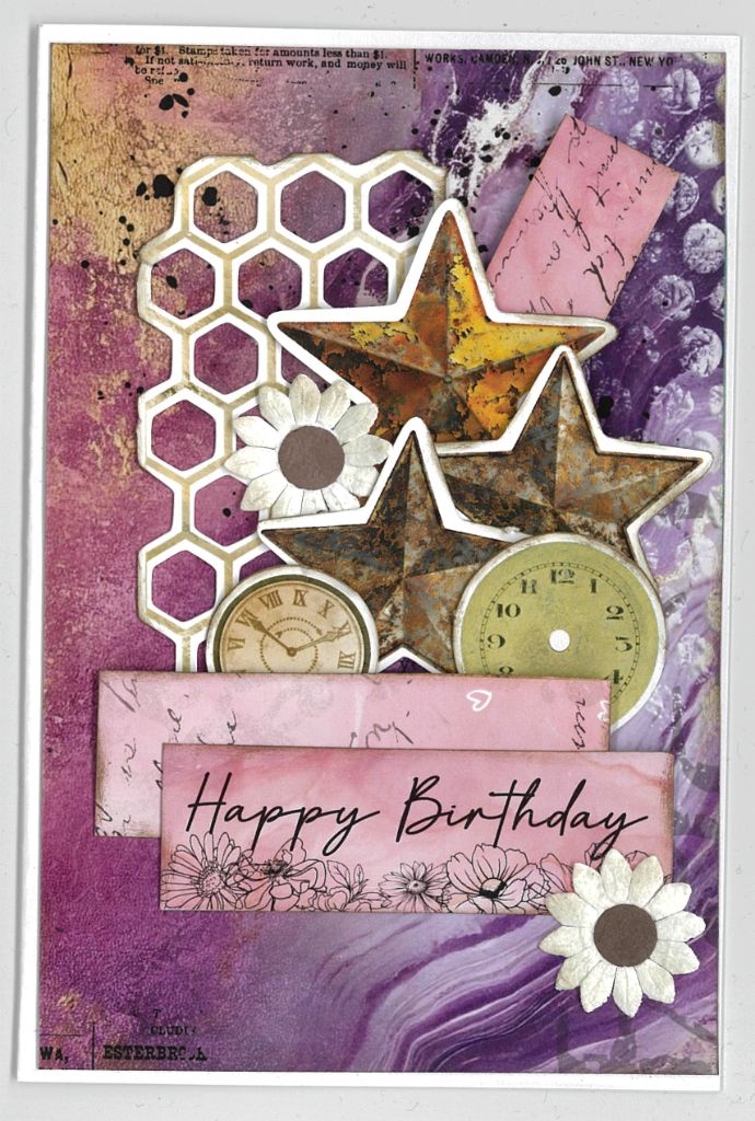 Oh Texture Happy Birthday card with purple marbled paper, honeycomb pattern, stars, clocks and white paper flowers