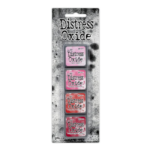 Packaged set of four Ranger Distress Oxide Mini Ink Pads from Kit 1 in Spun Sugar, Picked Raspberry, Festive Berries and Lumberjack Plaid, shown in original Tim Holtz packaging with grungy black-and-white background.
