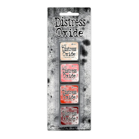 Packaged set of four Ranger Distress Oxide Mini Ink Pads from Kit 13 in Tattered Rose, Worn Lipstick, Barn Door and Aged Mahogany, shown in original Tim Holtz packaging with grungy black-and-white background.
