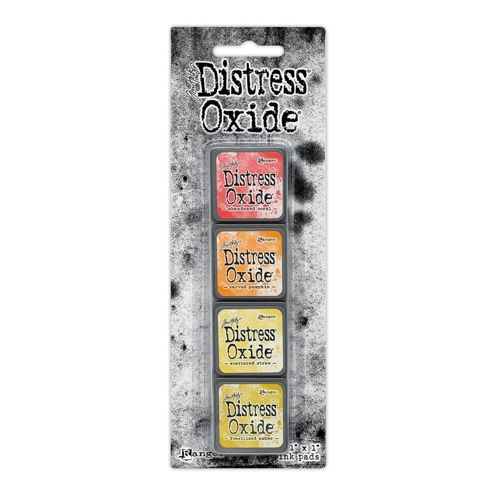 Packaged set of four Ranger Distress Oxide Mini Ink Pads from Kit 14 in Abandoned Coral, Carved Pumpkin, Scattered Straw and Fossilized Amber, shown in original Tim Holtz packaging with grungy black-and-white background.
