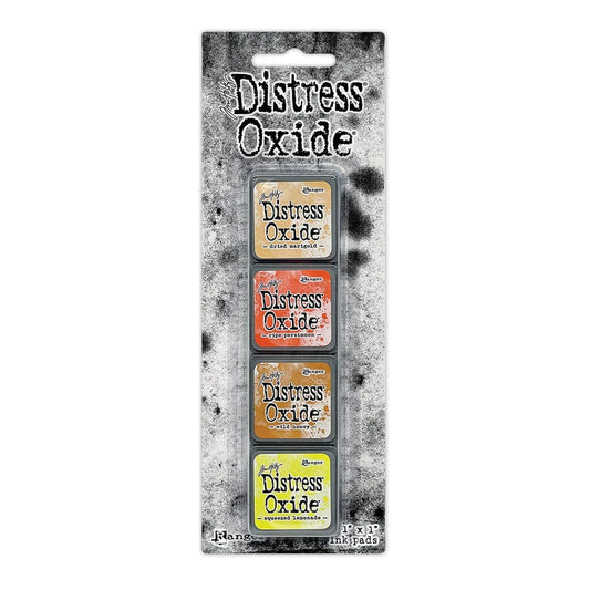 Packaged set of four Ranger Distress Oxide Mini Ink Pads from Kit 8 in Dried Marigold, Ripe Persimmon, Wild Honey and Squeezed Lemonade, shown in original Tim Holtz packaging with grungy black-and-white background.
