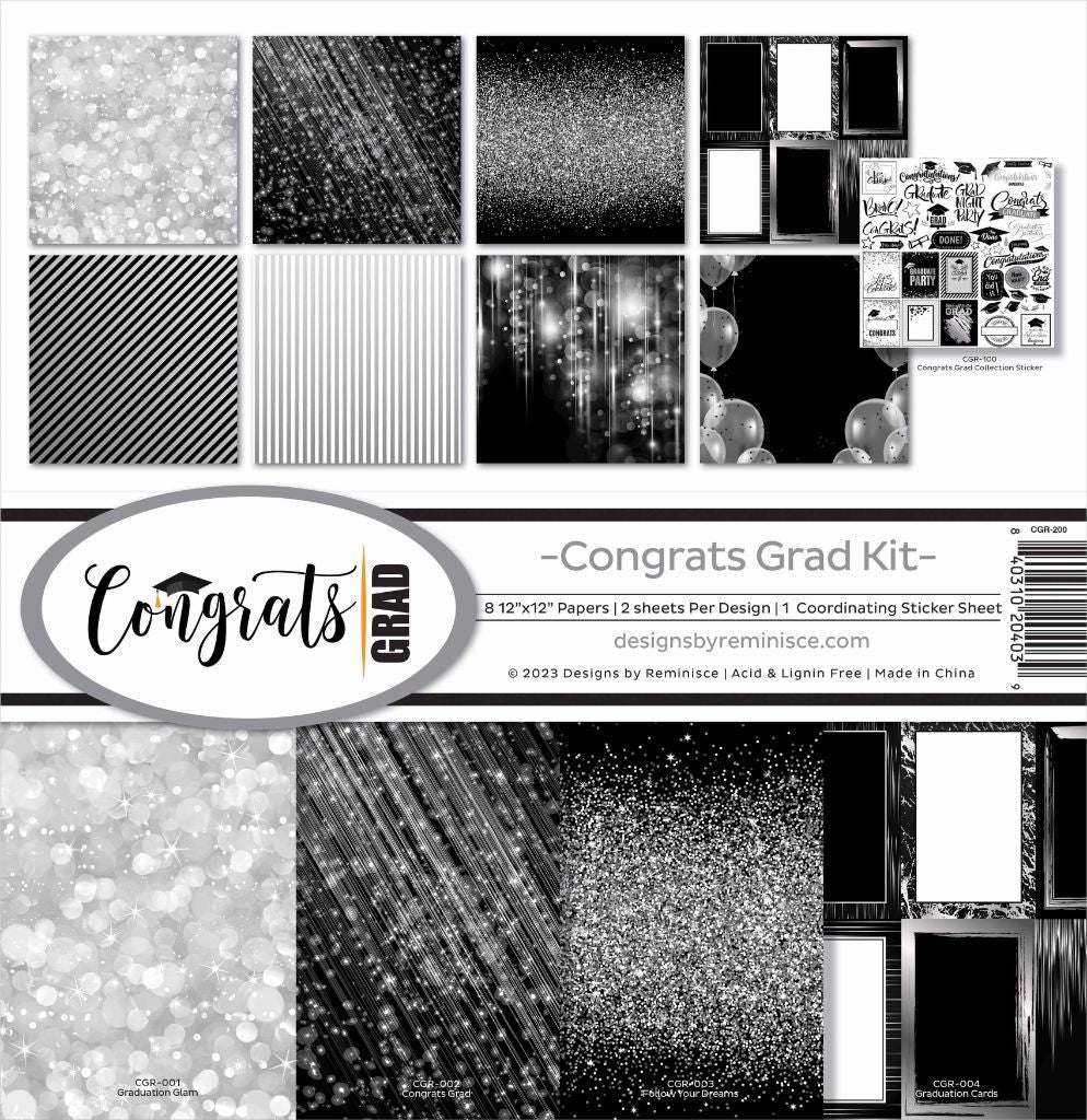 Reminisce Congrats Grad 12x12 Scrapbook Collection Kit showing 8 double-sided papers in black, white and silver glitter designs plus coordinating graduation sticker sheet