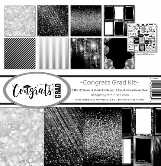 Reminisce Congrats Grad 12x12 Scrapbook Collection Kit showing 8 double-sided papers in black, white and silver glitter designs plus coordinating graduation sticker sheet