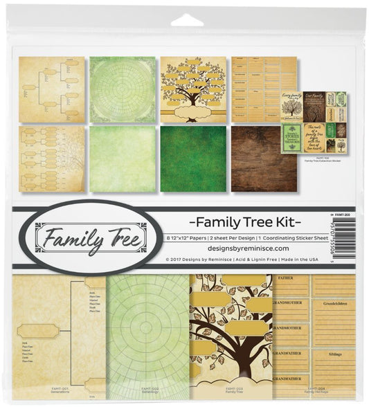 Reminisce Family Tree 12x12 Scrapbook Collection Kit showing 8 double-sided papers in Generations, Genealogy, Family Tree and Family Heritage designs plus coordinating sticker sheet