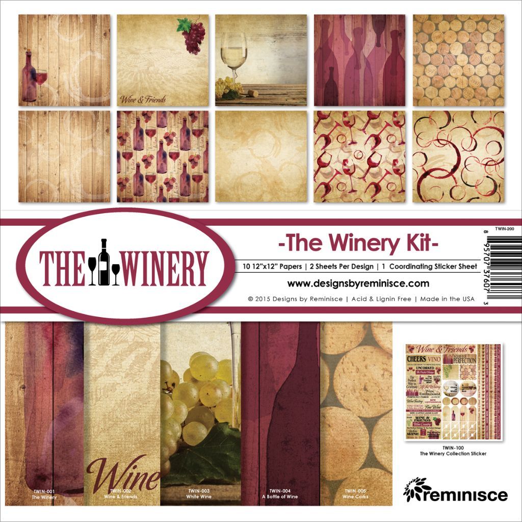 Reminisce The Winery 12x12 Scrapbook Collection Kit showing 10 double-sided papers in wine bottle, grape, cork and timber designs plus coordinating sticker sheet