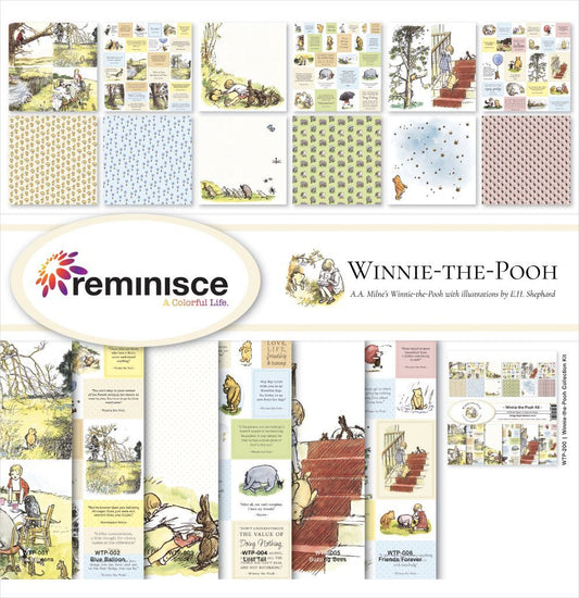 Reminisce Winnie-the-Pooh 12x12 Scrapbook Collection Kit showing all 6 double-sided paper designs including The Seasons, Blue Balloon, Stuck, Long Tail, Buzzing Bees and Friends Forever