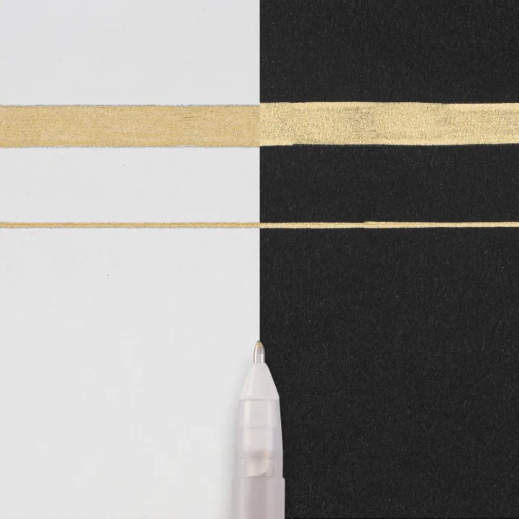 Sakura Gelly Roll metallic gold gel pen solid coverage sample showing opaque metallic finish on dark paper