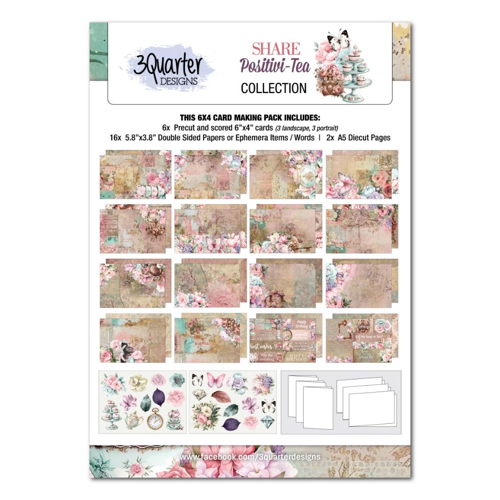Front of Share Positivi-Tea 6x4 card making kit showing floral papers, die-cut sheets and six card bases