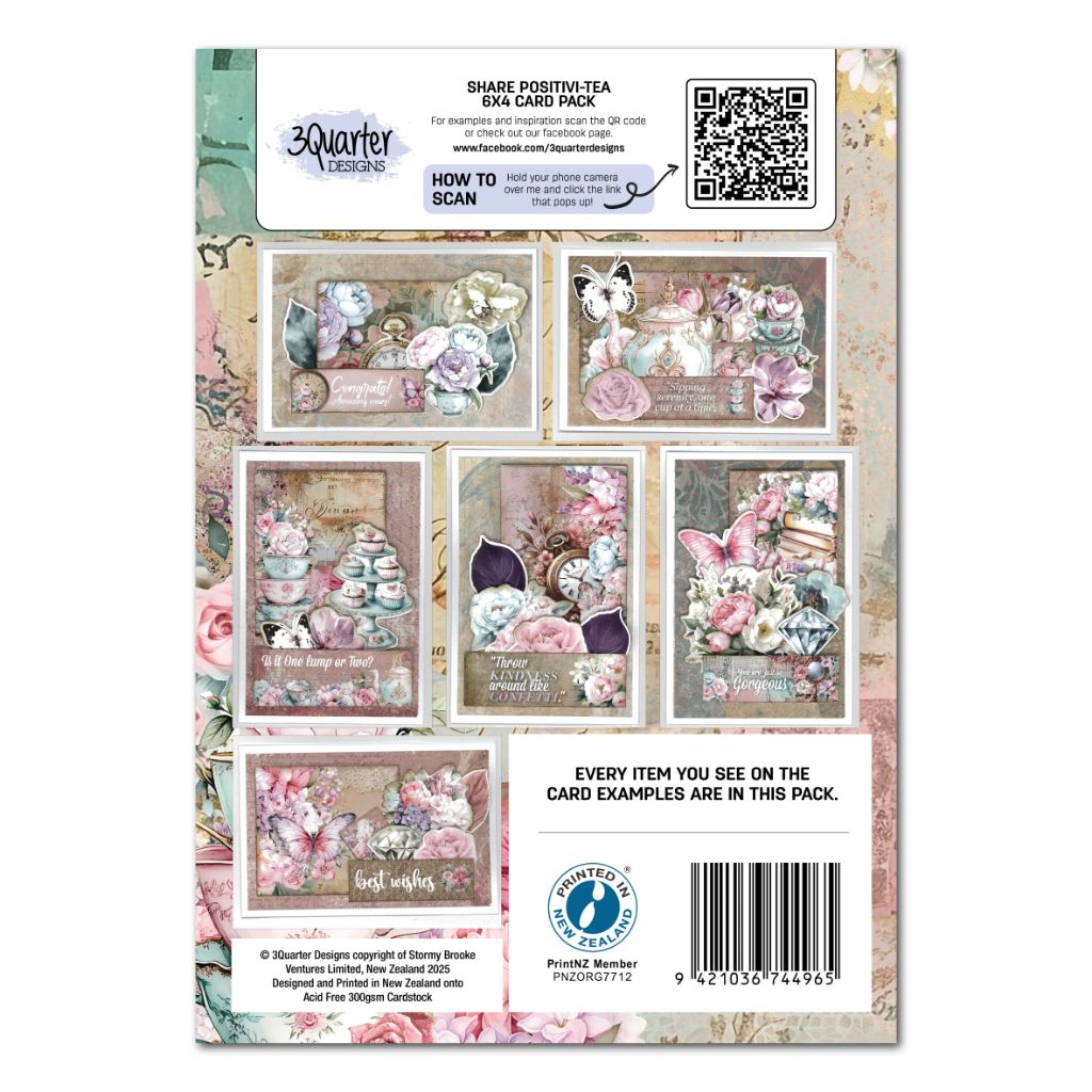 Back of Share Positivi-Tea card making kit showing six floral tea-themed sample cards and pack details
