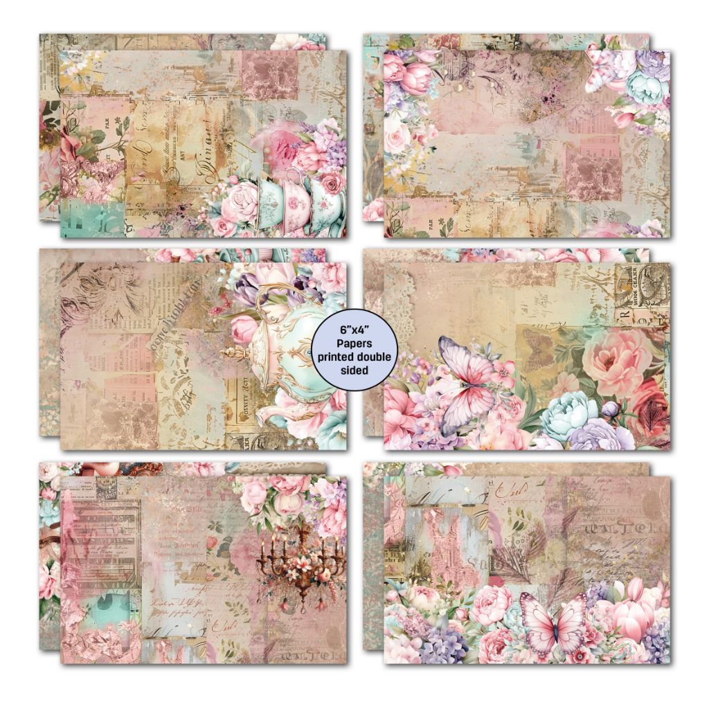  Share Positivi-Tea double-sided papers with pastel roses, teapot, butterfly and vintage script