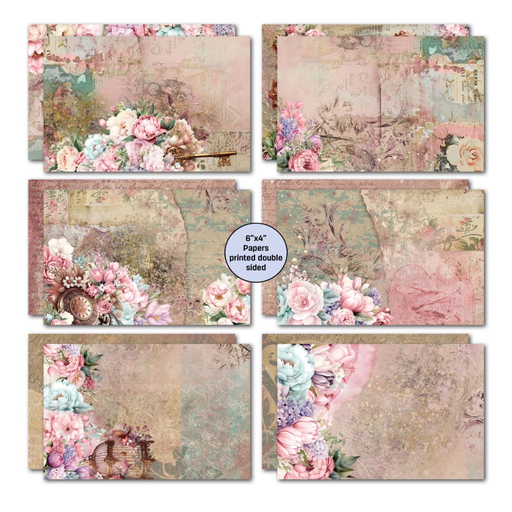 Share Positivi-Tea double-sided papers with pink and aqua flowers, vintage script, textured backgrounds and a birdcage