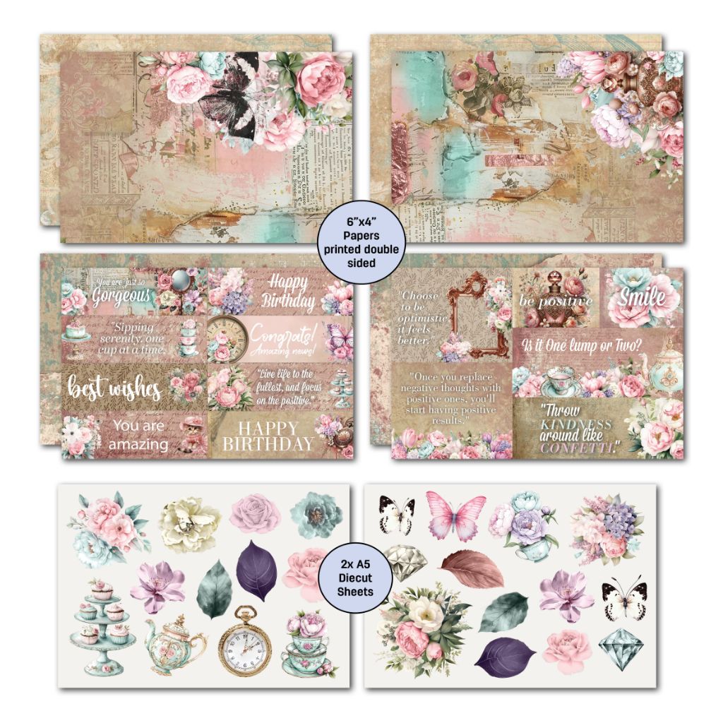 Share Positivi-Tea papers with pink roses, aqua accents, encouraging sentiments and two A5 die-cut sheets