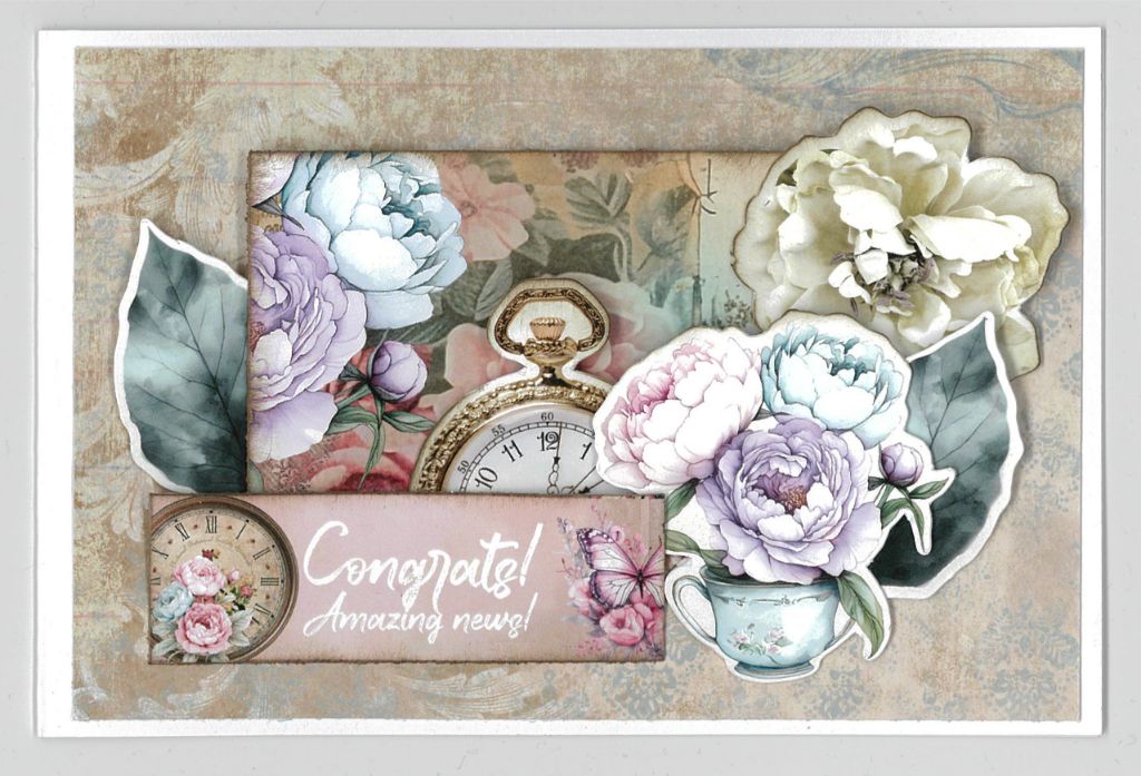 Share Positivi-Tea Congrats Amazing news sample card with pocket watch, pastel flowers, leaves and teacup