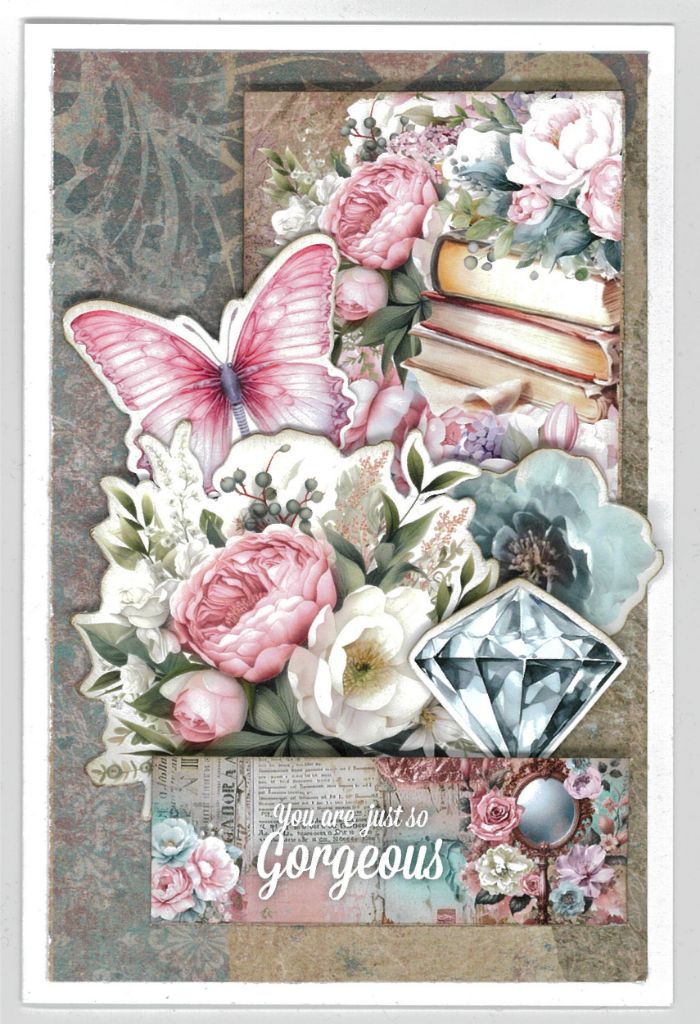 Share Positivi-Tea You are just so Gorgeous sample card with pink butterfly, stacked books, flowers and diamond
