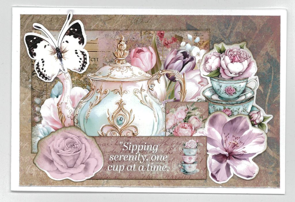 Share Positivi-Tea Sipping serenity one cup at a time sample card with ornate teapot, stacked teacups, butterfly and flowers