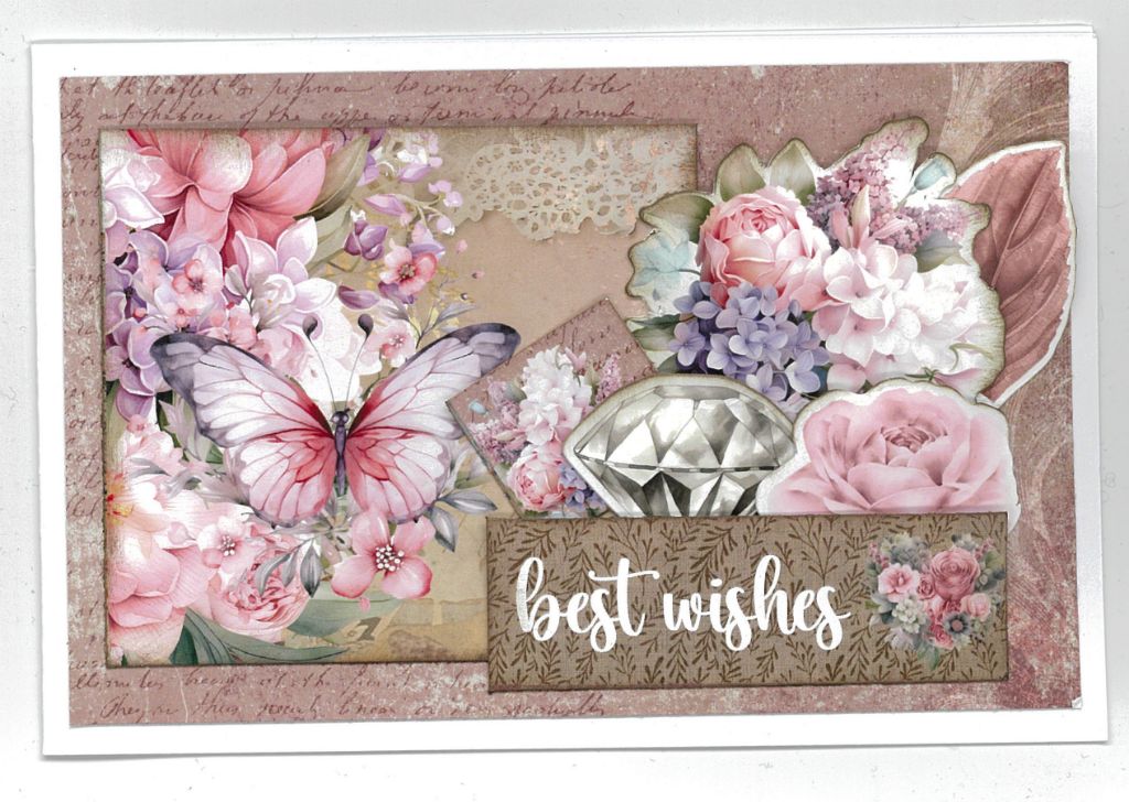 Share Positivi-Tea Best wishes sample card with pink butterfly, pastel flowers and diamond