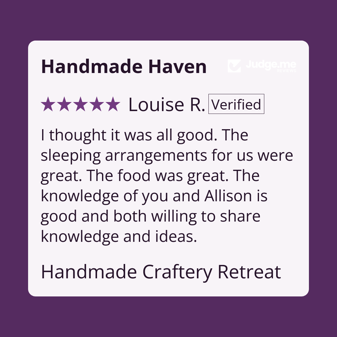 A digital review card for Handmade Haven, featuring a five-star rating and a verified badge next to the review text by Louise R. The card is set against a solid dark purple background with a small Judge.